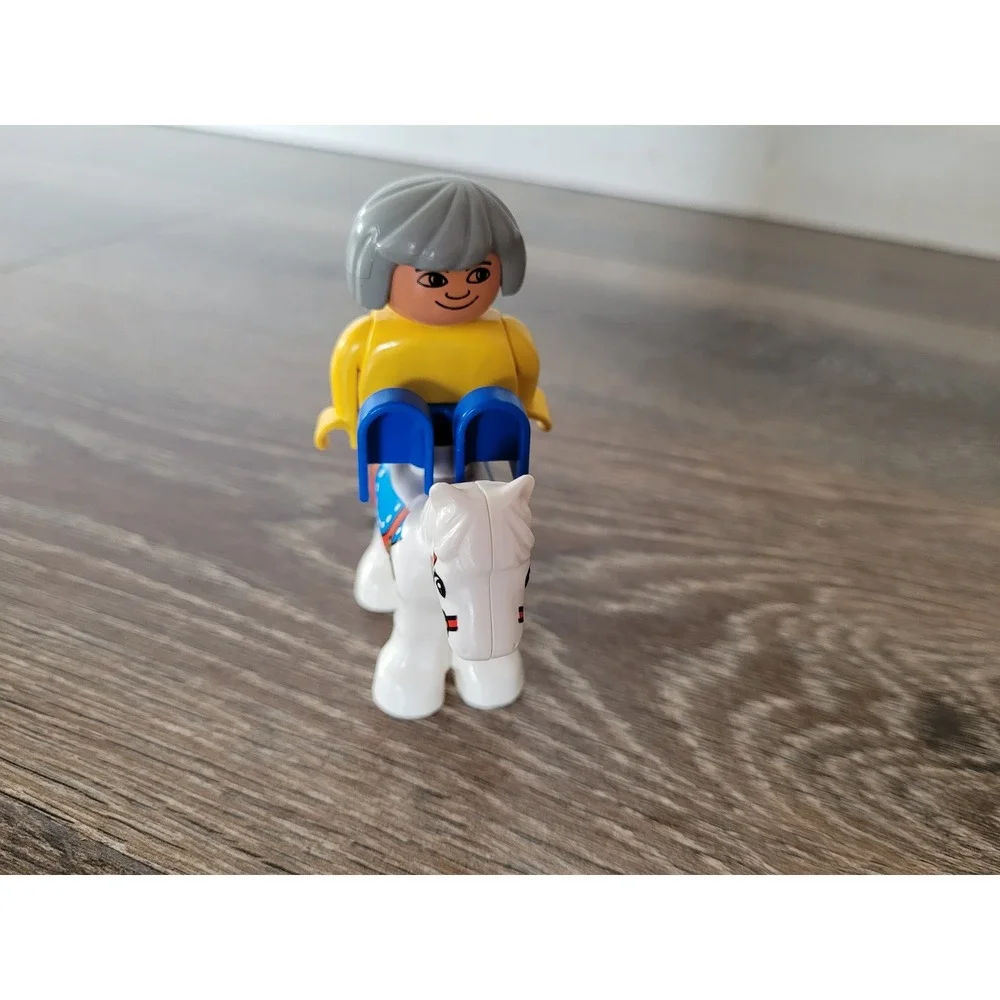 LEGO Duplo Rider Figure with White Horse‎ Yellow Shirt Blue Pants Grey Hair #5
